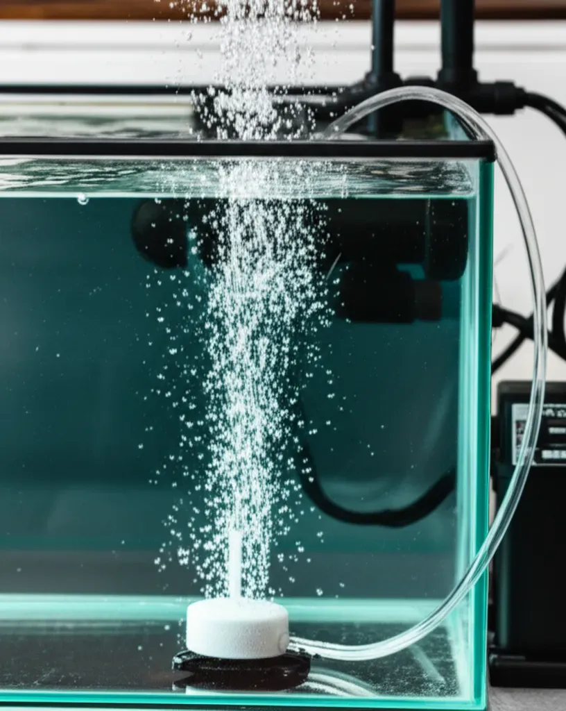 Air pump and air stone creating bubble stream for oxygen exchange in aquaponics fish tank system setup
