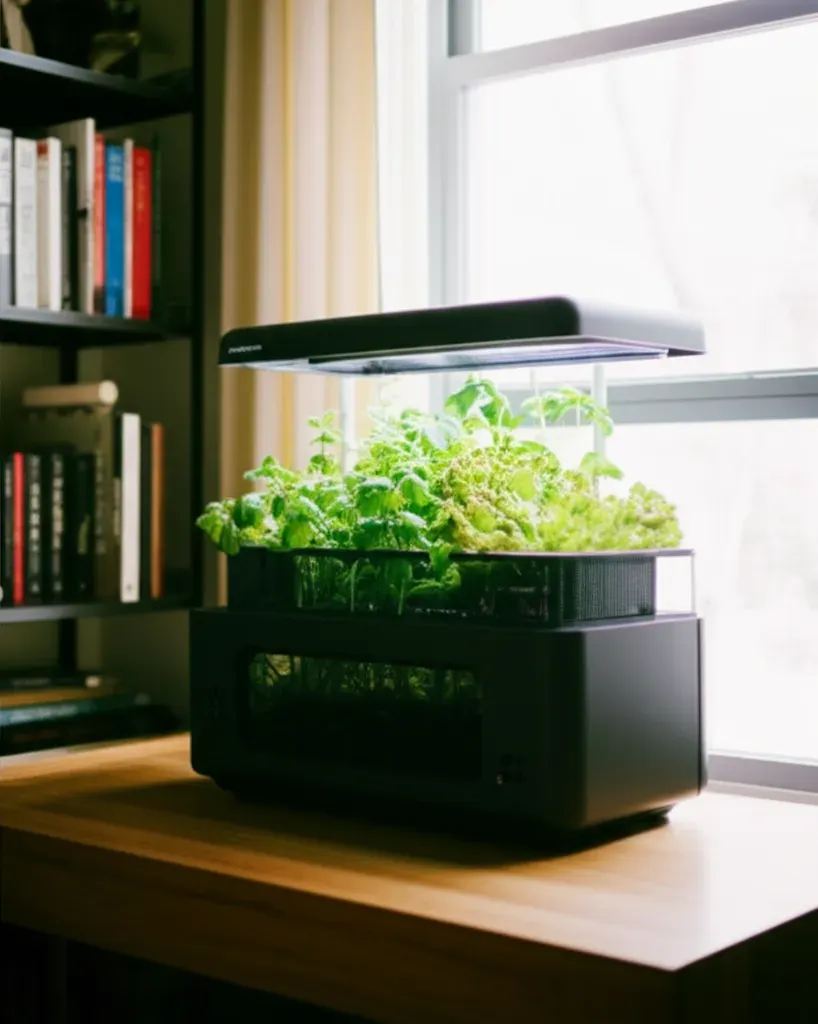 Compact countertop aquaponics garden system in apartment bedroom with fresh herbs and vegetables growing year-round in limite