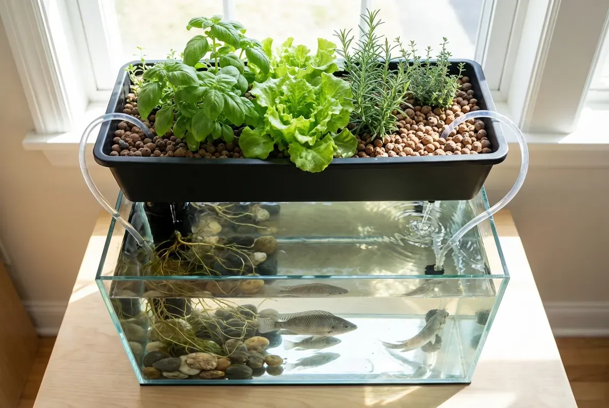 Nitrogen cycle diagram showing ammonia conversion to nitrite then nitrate, with plants absorbing nutrients and clean water re