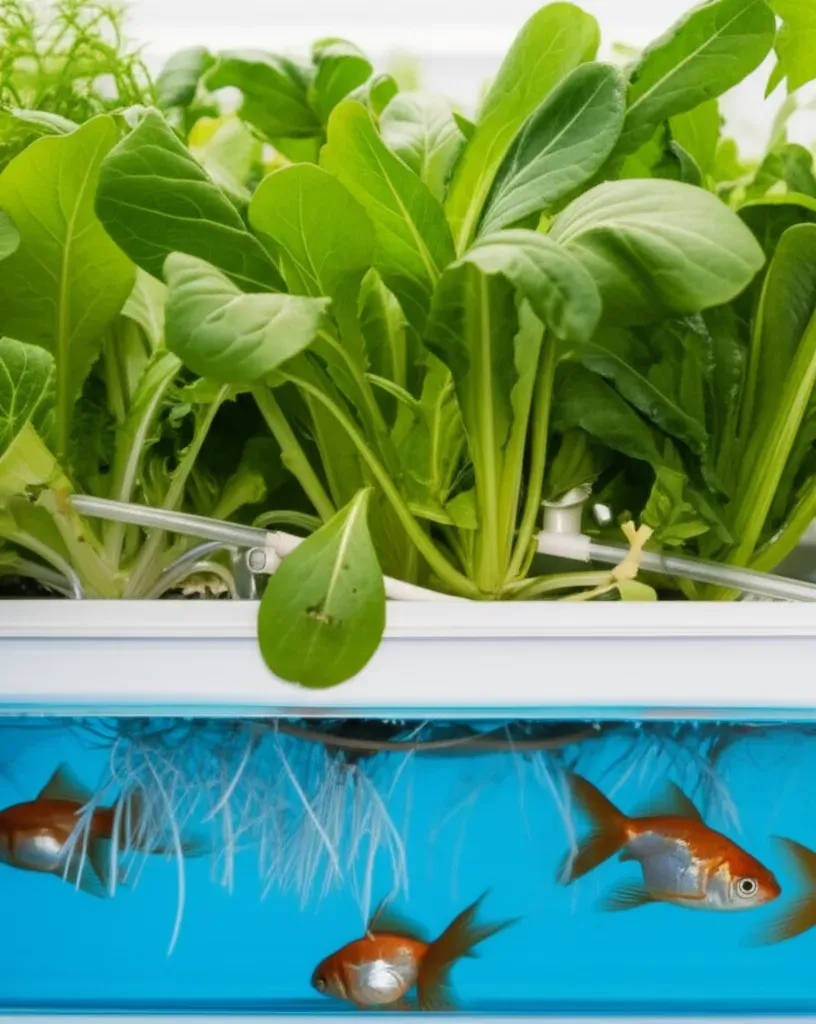 Thriving aquaponics system showing fish tank, grow bed with plants, and water circulation cycle for kids learning projects