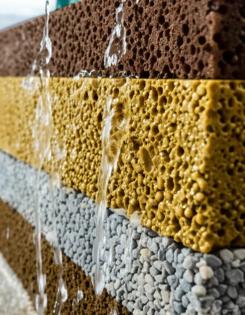 Aquaponics filtration media bed with layered mechanical and biological filters showing water flow through biofilm-colonized m