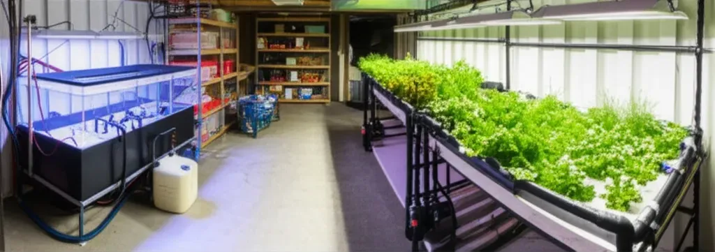 Complete home aquaponics system setup in garage with fish tank, grow beds, plants, and pump plumbing for 2024 guide