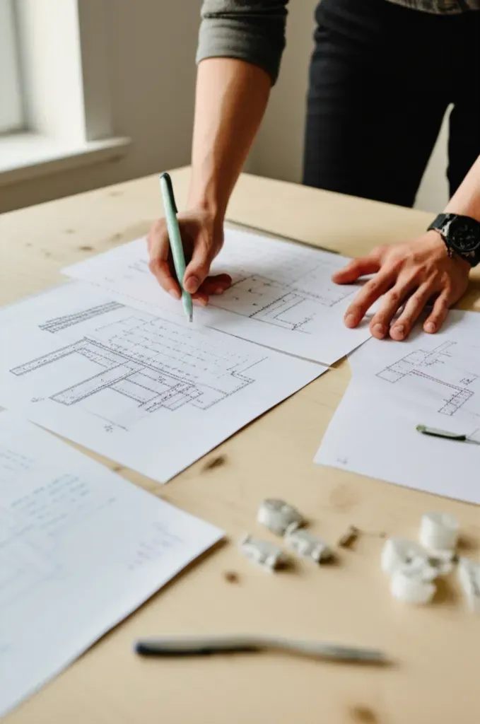 Person planning aquaponics system design with sketches, measurements, and documents spread on table showing deliberate setup 
