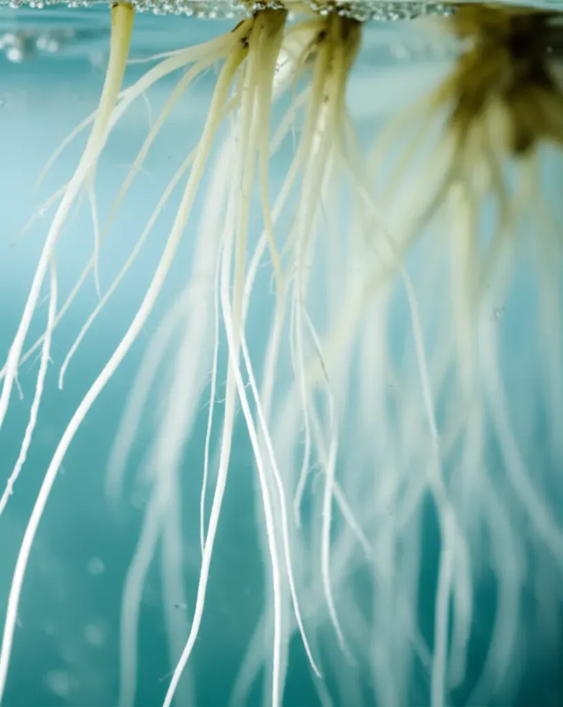 Healthy plant roots suspended in nutrient-rich water in an aquaponics grow bed, demonstrating soilless cultivation for year-r