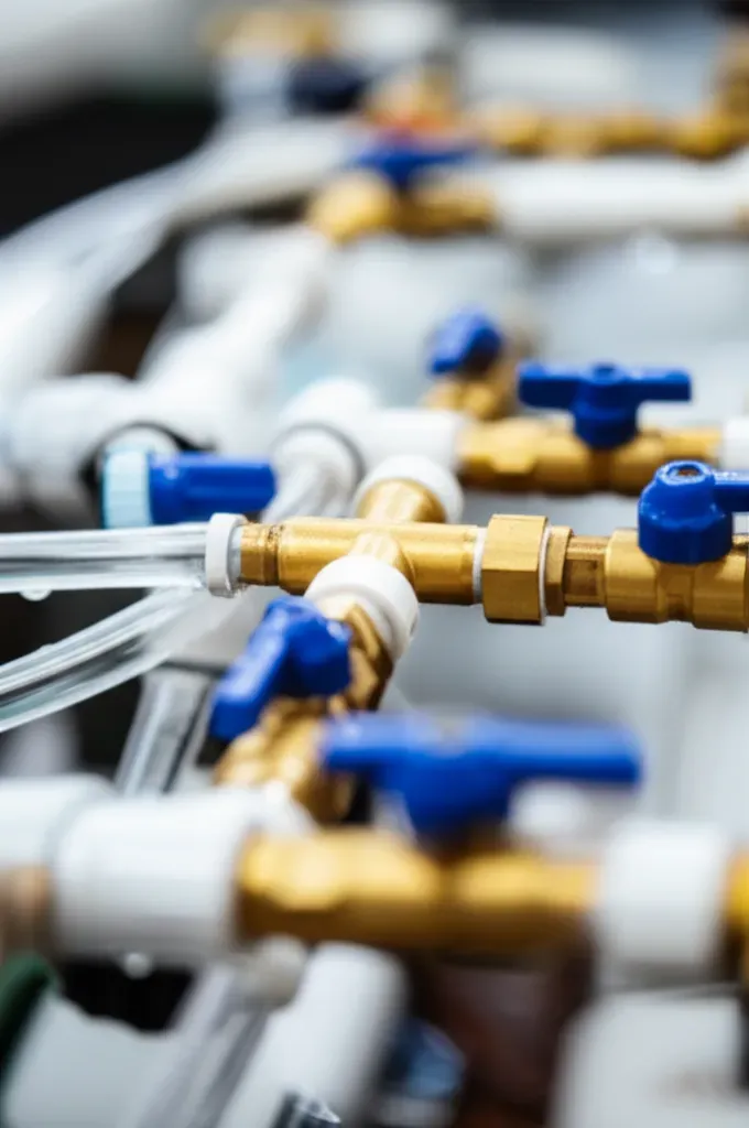 Aquaponics system plumbing connections showing pipe fittings, valves, and transparent tubing with water flow demonstrating pr