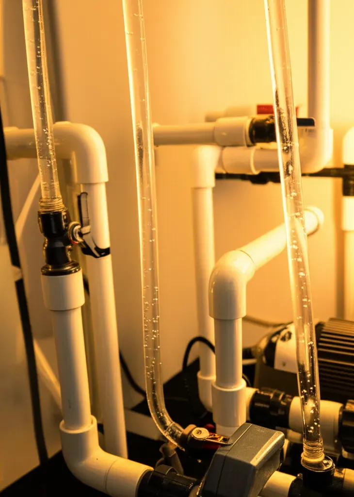 Aquaponics pump with tubing connections and flow control valves managing water circulation in a filtration system