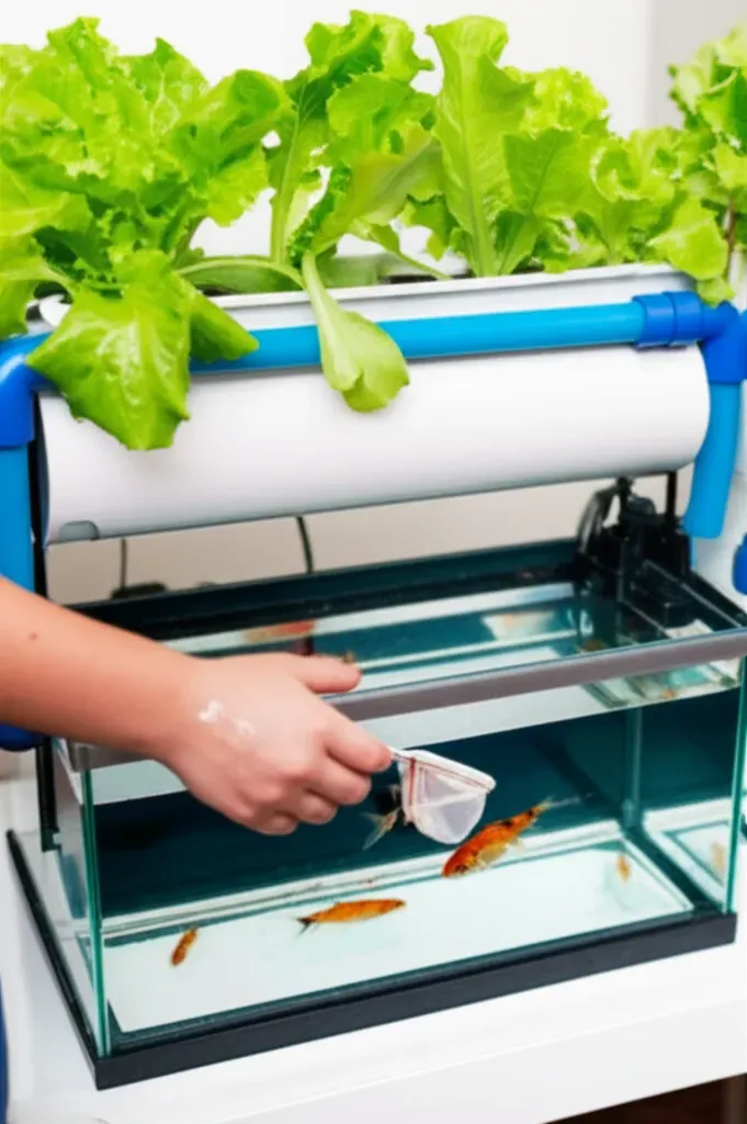 Safety supplies for aquaponics setup including gloves, goggles, water testing kit, thermometer, and fish food for kids' learn