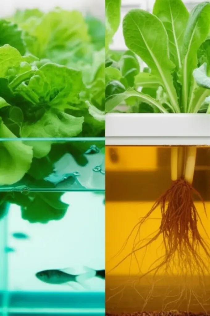Split-screen comparison diagram showing aquaponics system with fish tank and bacteria on left versus hydroponics with nutrien