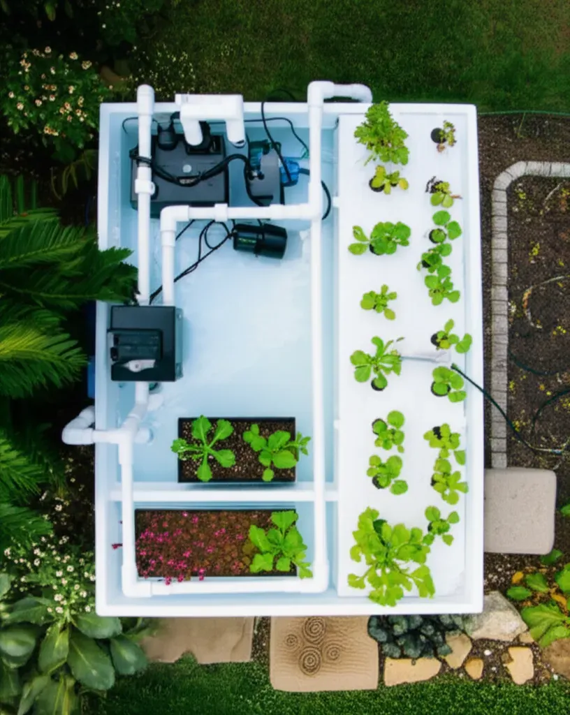 Overhead view of a small-scale backyard aquaponics system showing fish tank, grow bed, and connecting pipes demonstrating the