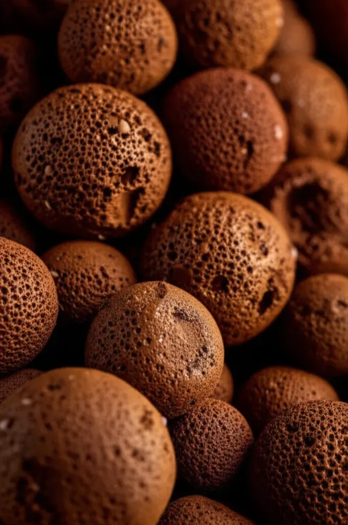 Clay pebbles in aquaponics biofilter covered with beneficial bacteria colonies that break down fish waste in the nitrogen cyc