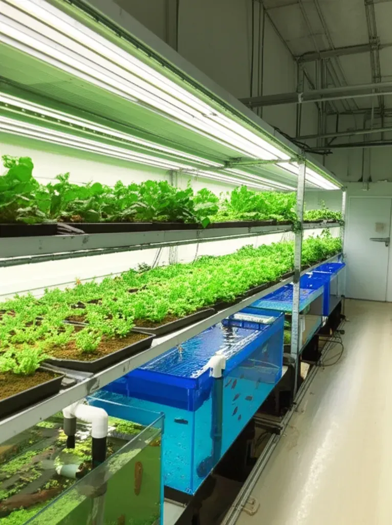 Climate-controlled aquaponics facility interior with HVAC systems, LED lighting, and environmental monitoring equipment for s