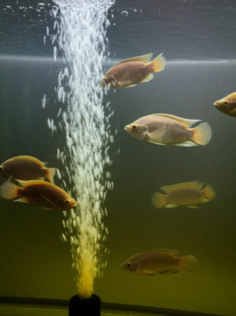 Tilapia swimming in clear, aerated aquaponics fish tank with nutrient-rich water and visible bubbles for commercial productio