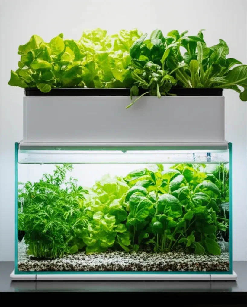 Compact countertop aquaponics system with herbs growing above a small fish tank, ideal for home kitchens in 2024 buyer's guid