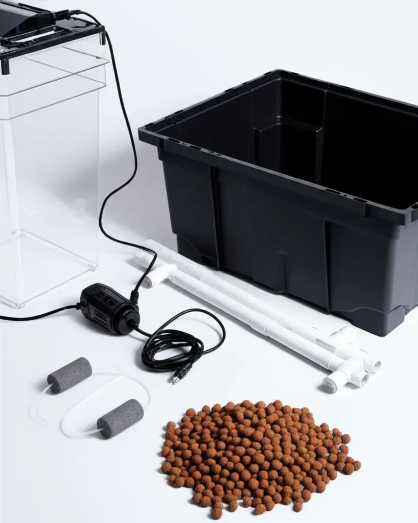 Essential aquaponics equipment components including fish tank, grow bed, pumps, and plumbing fittings for tilapia system desi