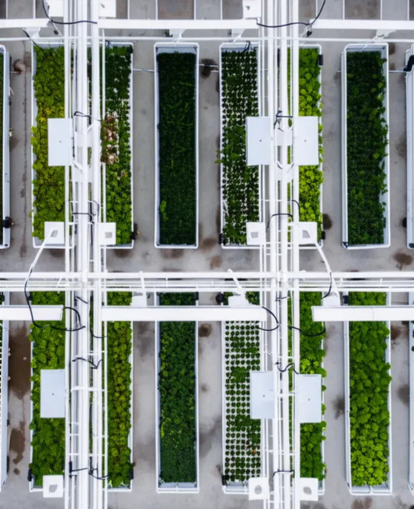 Commercial aquaponics facility overhead view showing multiple fish tanks in rows with hydroponic grow beds, piping systems, a