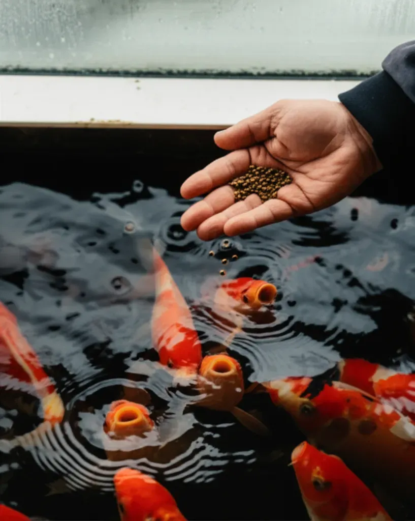 Hand feeding goldfish in cold water tank during winter greenhouse aquaponics production