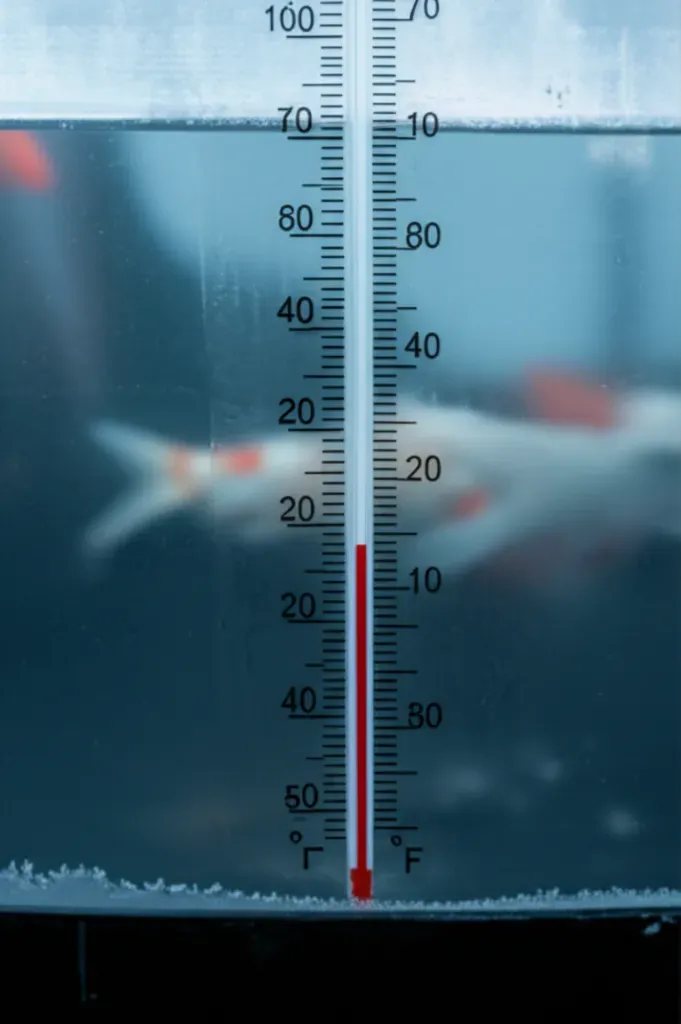 Fish tank thermometer reading in cold aquaponics system with frost on walls and fish in winter greenhouse setup