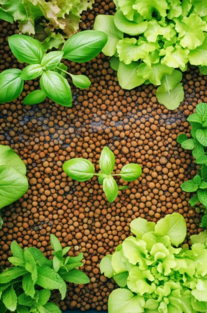 Small aquaponics system overhead view showing expanded clay pebbles with fresh basil and mint sprouts and water trickling thr