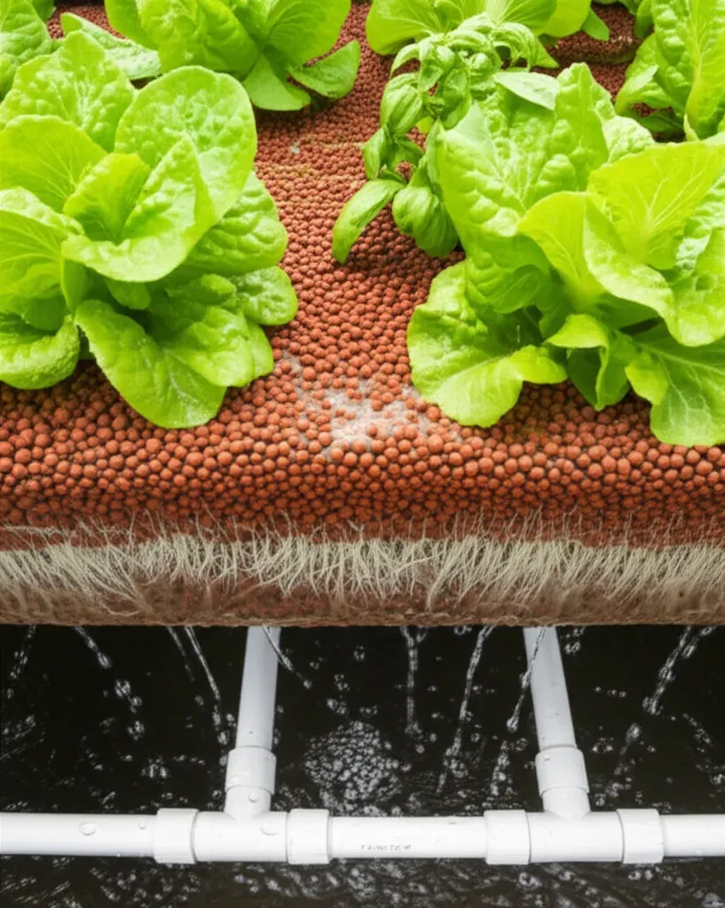 Grow bed with expanded clay pellets, plant roots, and water drainage in aquaponics system components setup