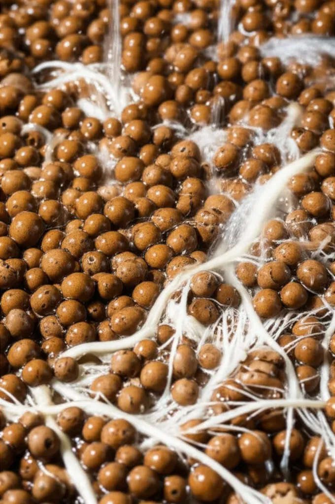 Expanded clay pebbles grow media with visible plant roots and trickling water in aquaponics system substrate