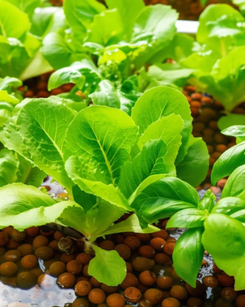 Vibrant lettuce, basil, and herbs thriving in aquaponics grow bed with clay pebbles, demonstrating nutrient absorption in the