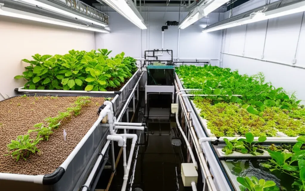 Hybrid aquaponics system combining media beds and raft sections in one integrated setup for efficient plant and fish producti