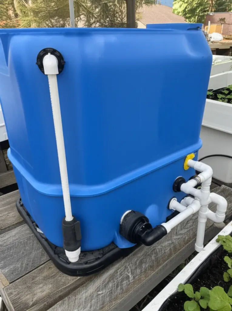 Budget-friendly IBC tote tank with plumbing ports and modifications for aquaponics fish tank systems setup