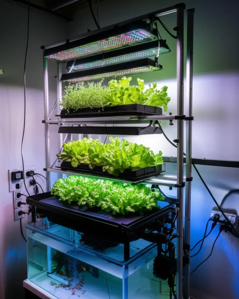 Indoor aquaponics system with overhead grow lights and environmental controls in basement setup for year-round production