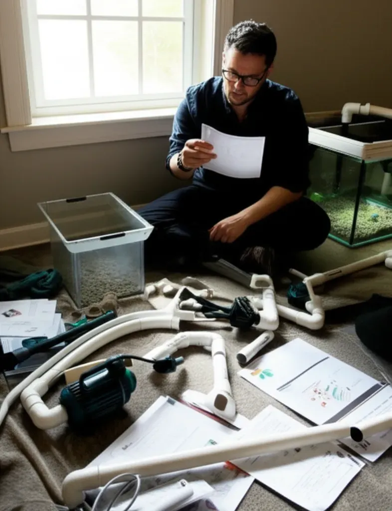 Beginner gardener looking confused while reading instructions next to scattered aquaponics system components, illustrating th