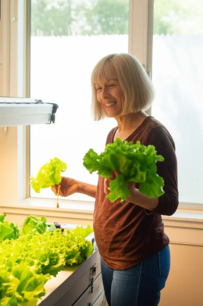 Older adult harvesting fresh lettuce from waist-height indoor aquaponics system, demonstrating ergonomic design and ease of u