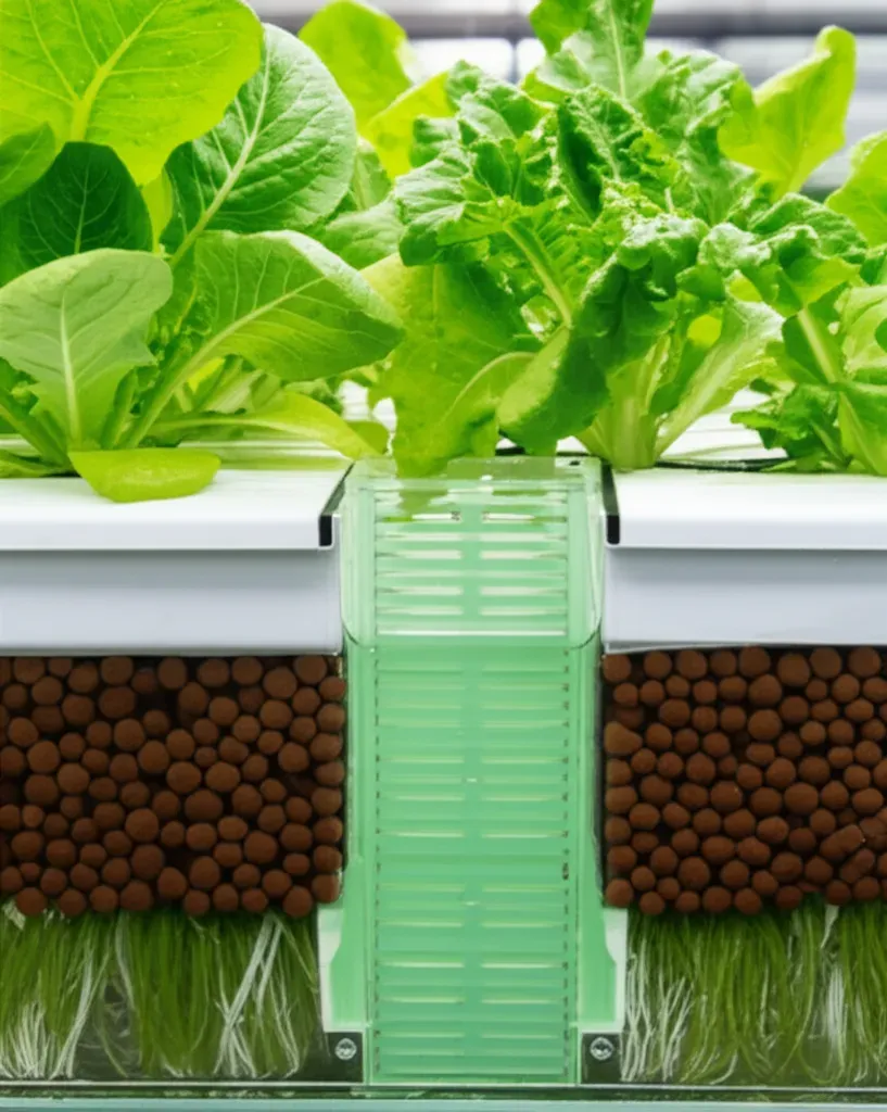 Media bed aquaponics system during flood cycle with water rising through gravel substrate supporting plant roots