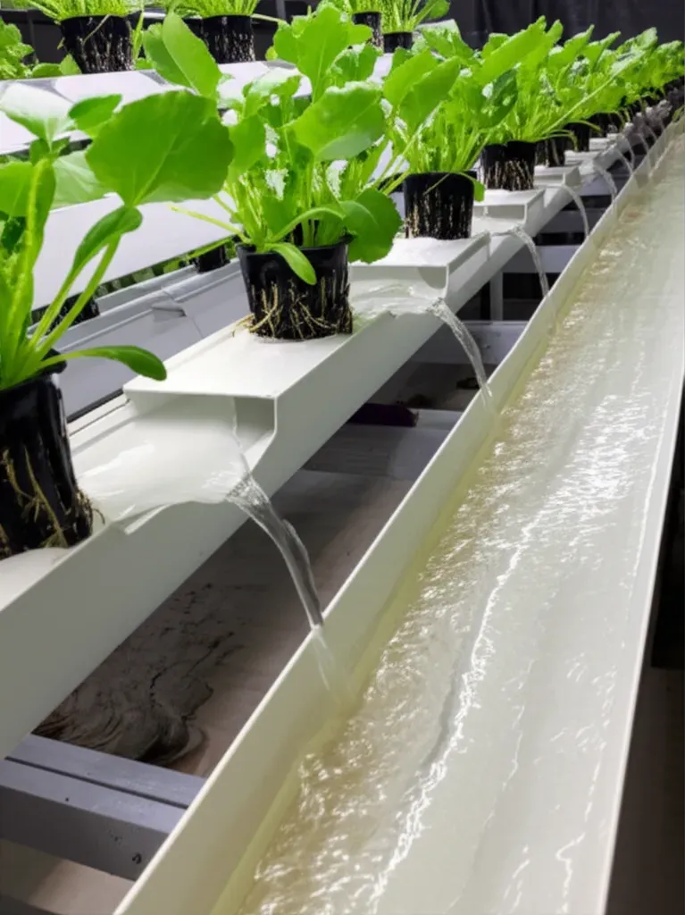 Nutrient Film Technique NFT aquaponics system with thin water stream flowing through narrow channels and plants in net pots