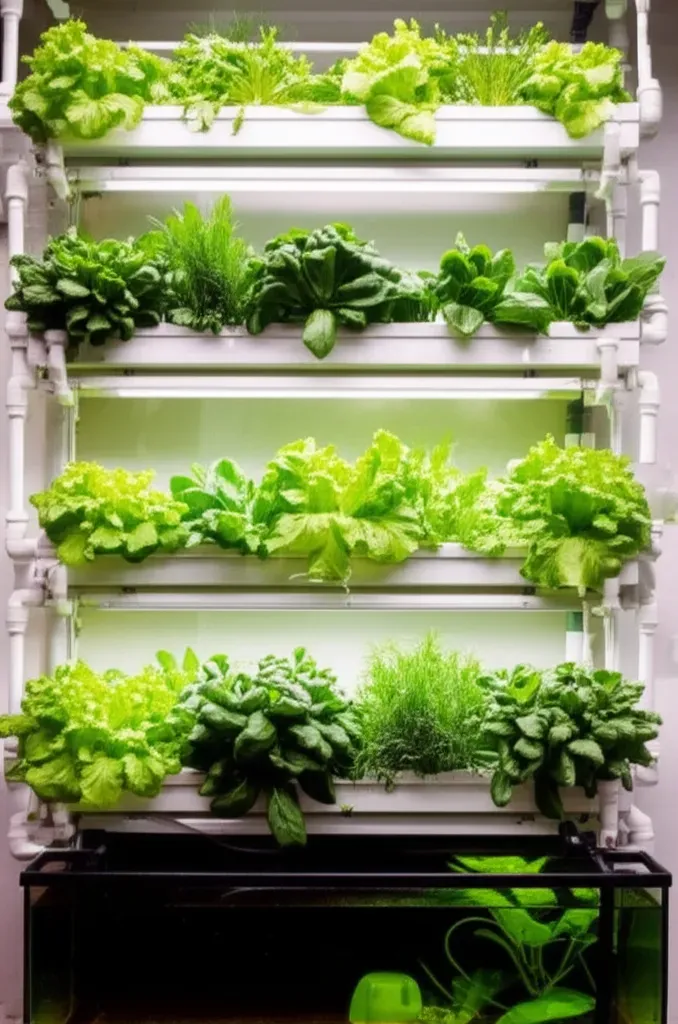 Vertical NFT aquaponics system with stacked growing channels cultivating leafy greens, exemplifying space-efficient vertical 