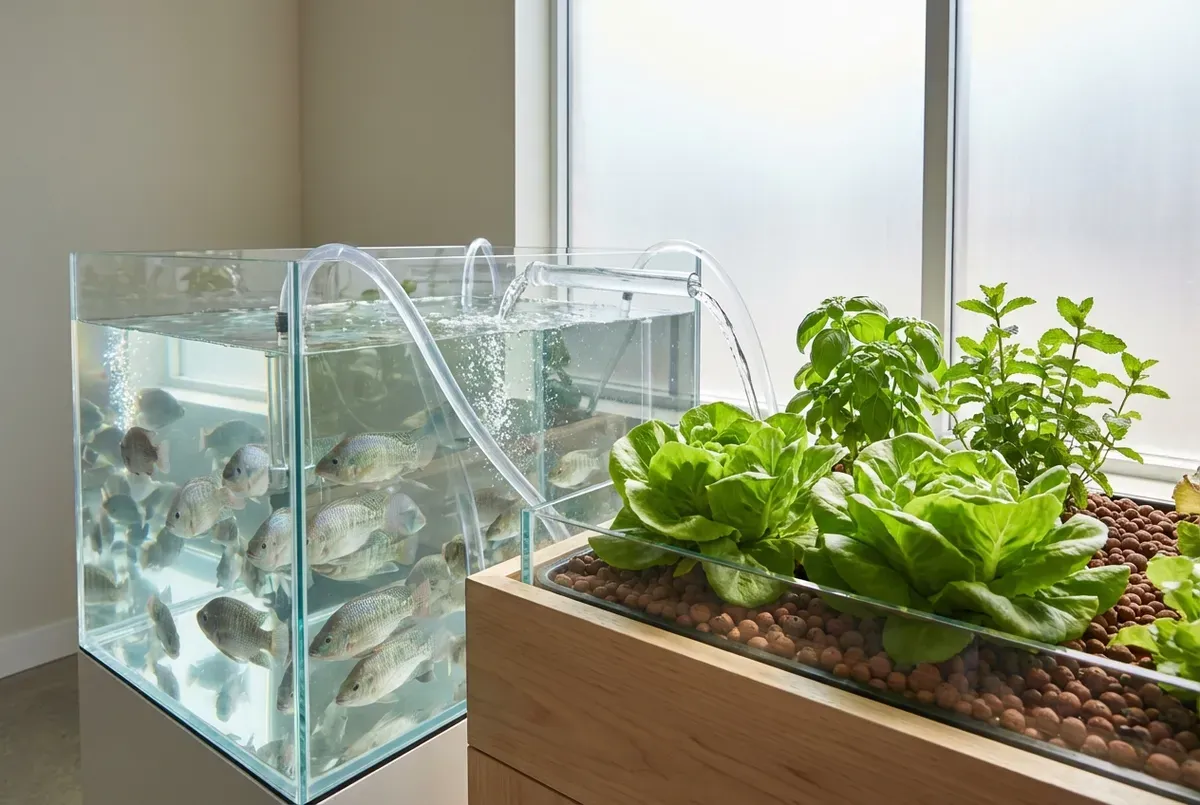 Nitrogen cycle diagram in aquaponics system showing fish waste converting to nitrates through bacterial processes for plant n