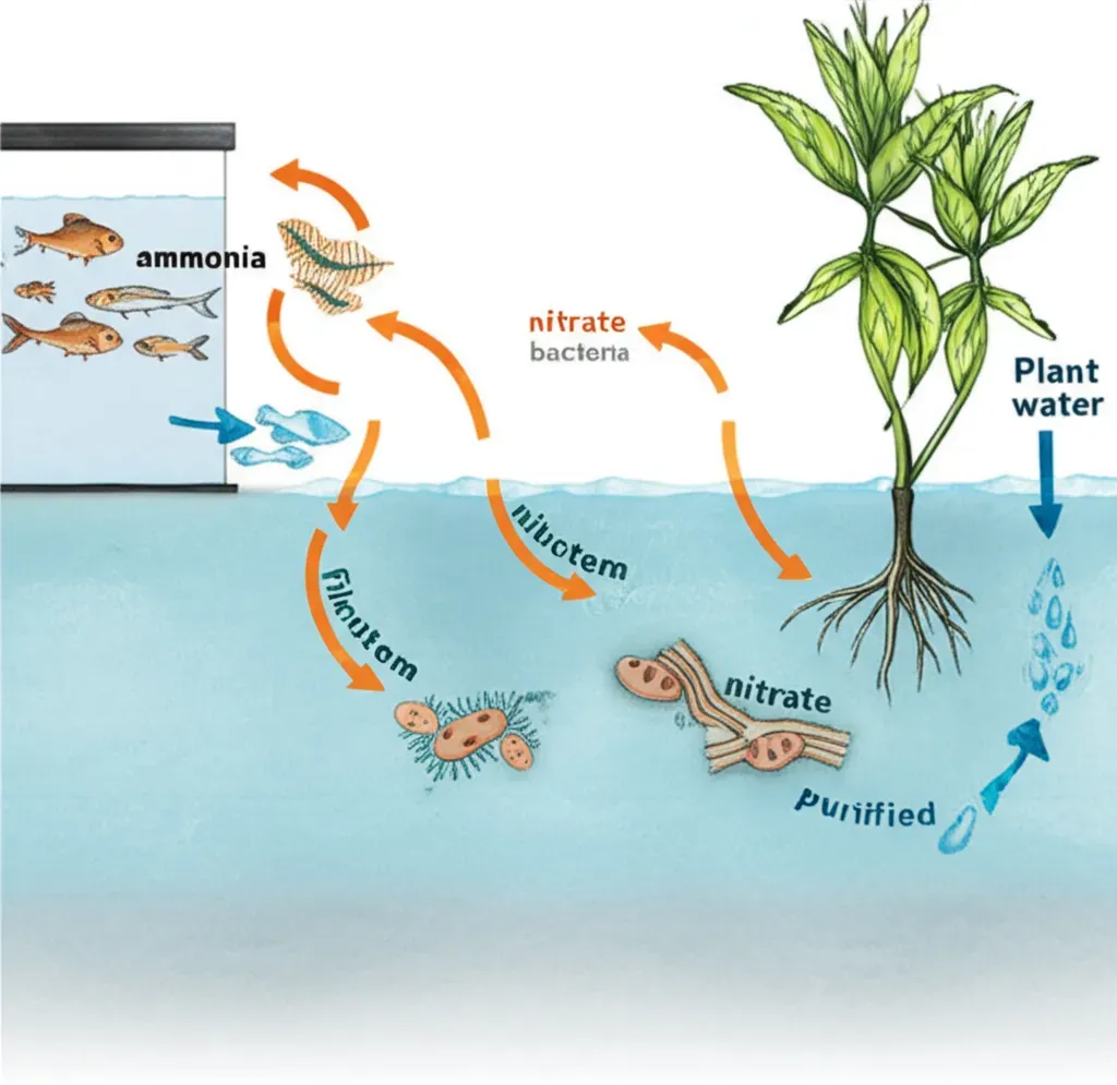 Nitrogen cycle diagram in indoor aquaponics systems showing ammonia conversion by bacteria, nitrate absorption by plants, and