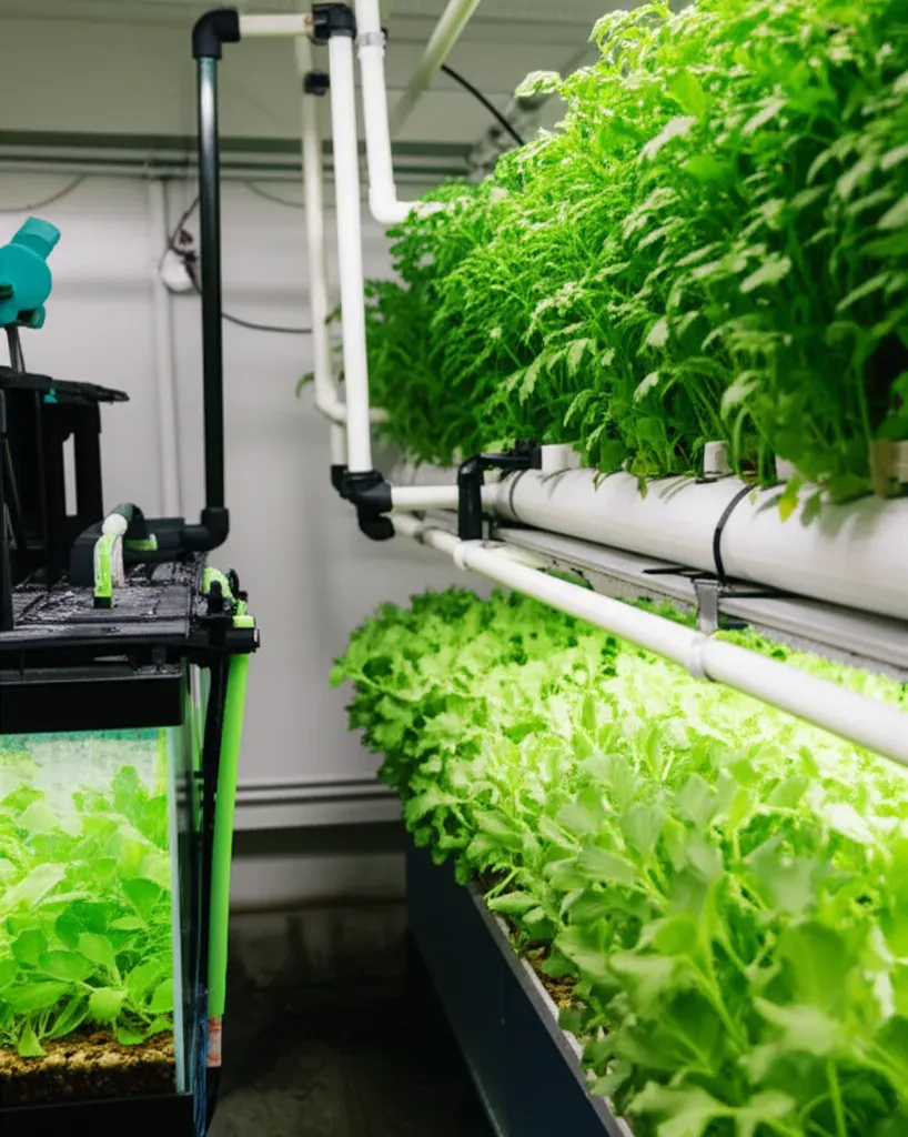 Nitrogen cycle diagram in aquaponics system showing fish waste, beneficial bacteria, and nutrient flow to plants with labeled