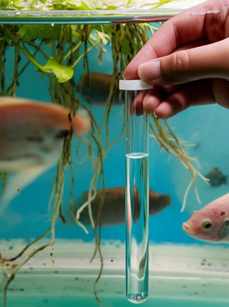 Hand holding water testing kit near aquaponics tank showing fish waste, beneficial bacteria, and plant roots demonstrating ni