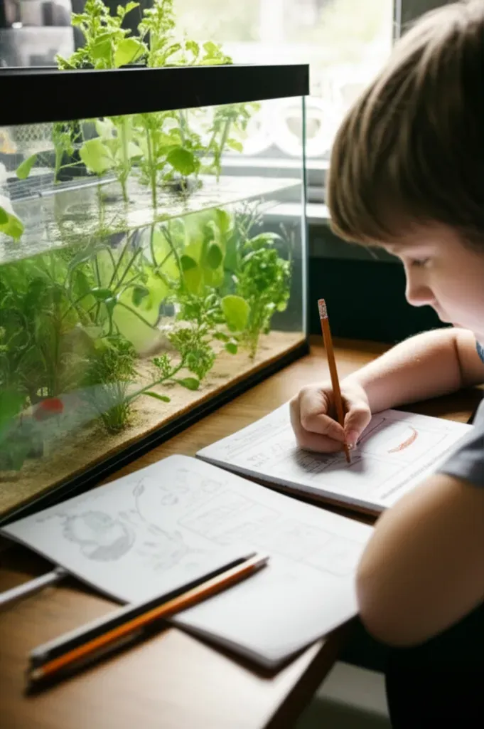 Child documenting aquaponics system observations in science journal, sketching plant growth and fish behavior data for educat