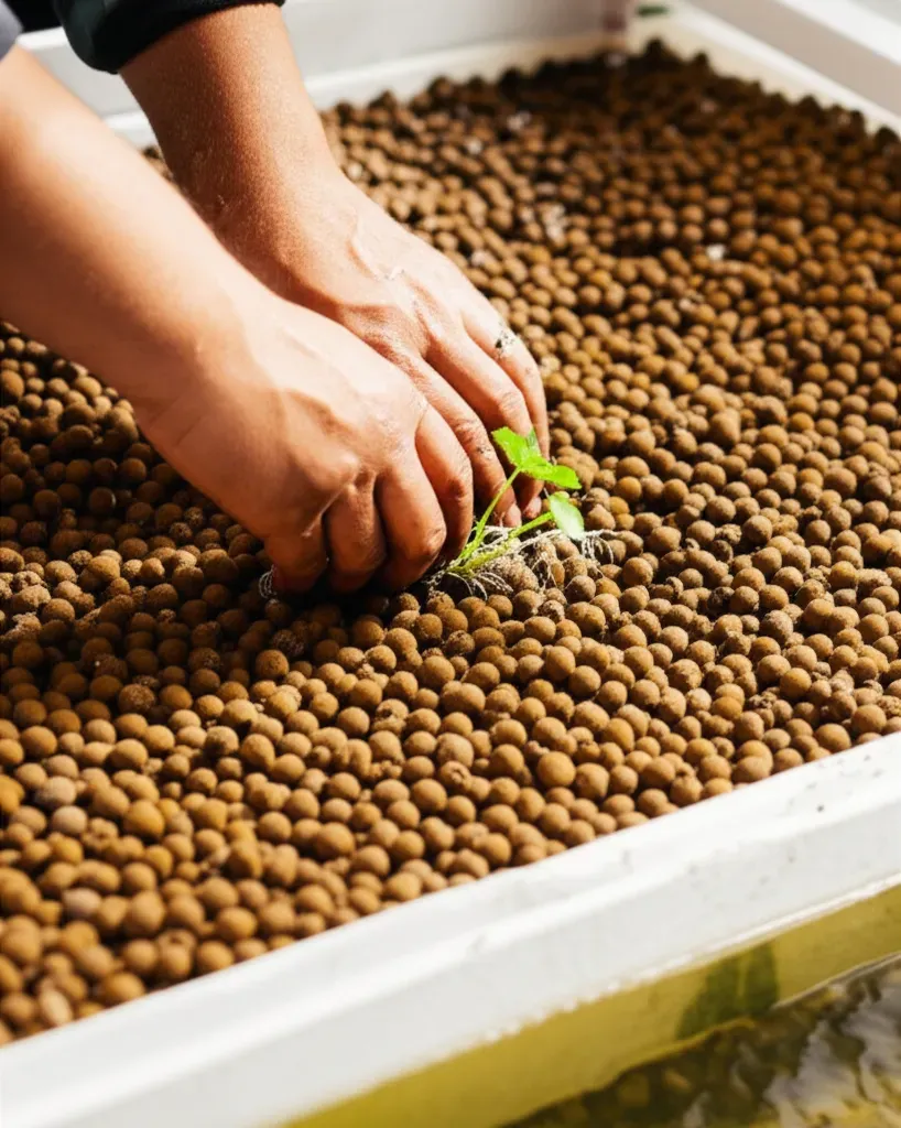 Hands planting seedlings in aquaponics grow bed with clay pellets, demonstrating proper spacing and planting technique for gr