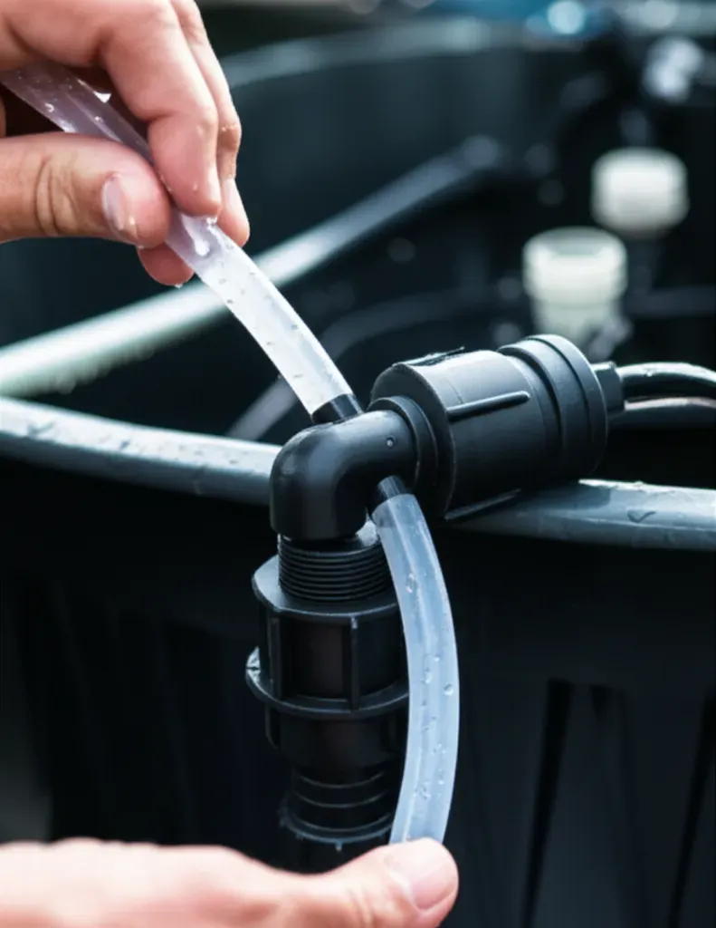 Installing plumbing connections on DIY aquaponics system with tubing and pump assembly for beginners