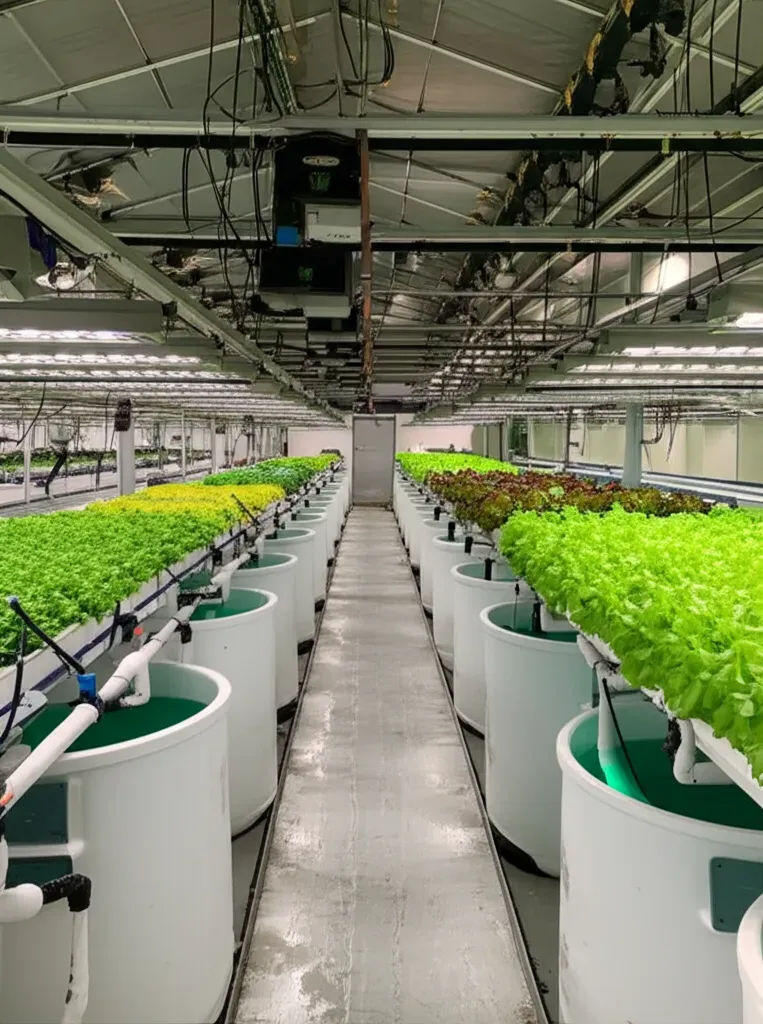 Commercial aquaponics greenhouse with large fish tanks, grow beds, and automated systems for investment analysis