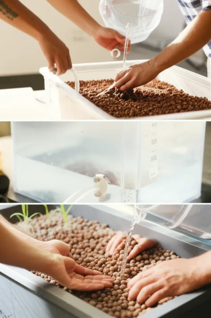 Hands assembling an aquaponics system with pipes, growing medium, water tanks, and plants for educational school setup