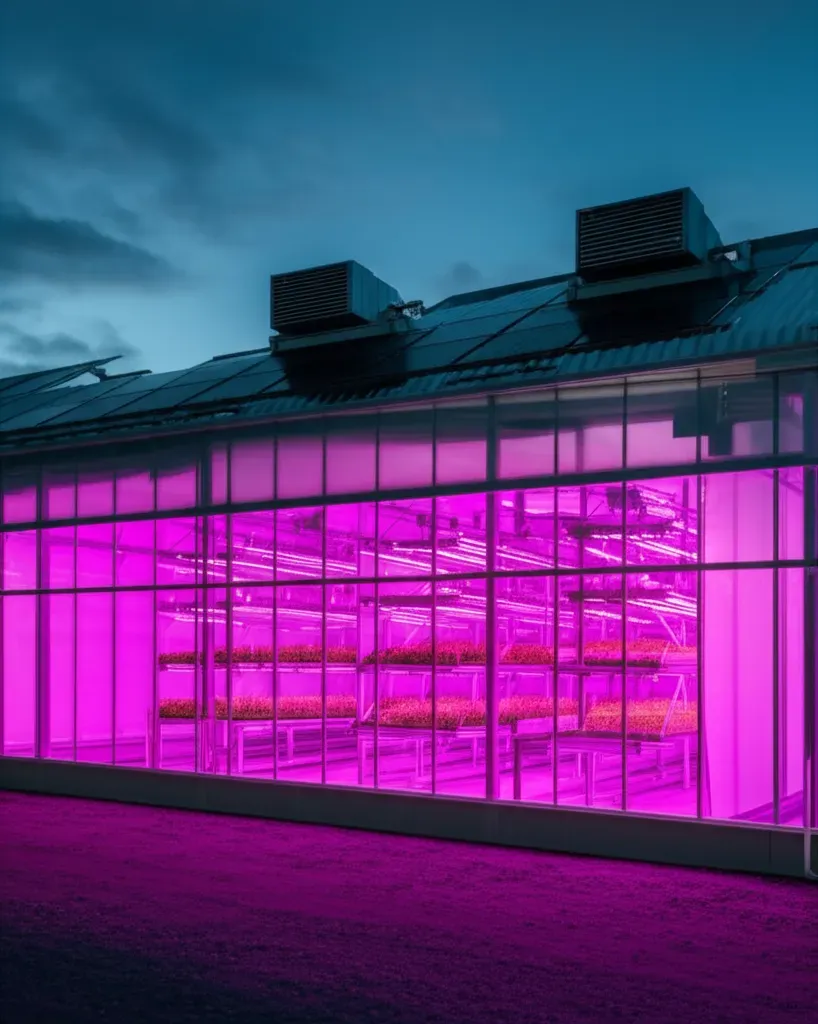 Modern commercial aquaponics facility with solar panels, LED grow lights, and climate control systems demonstrating sustainab