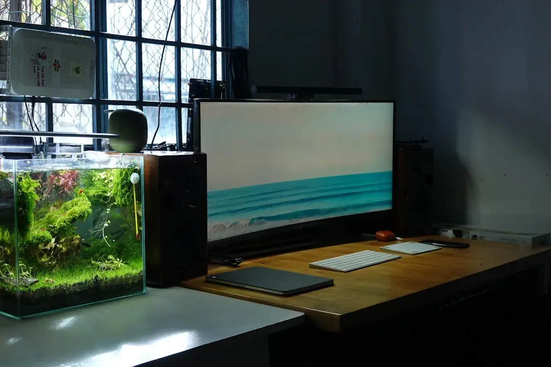 Desktop aquaponics system for kids showing fish tank below with lettuce and basil growing above in fun learning project setup
