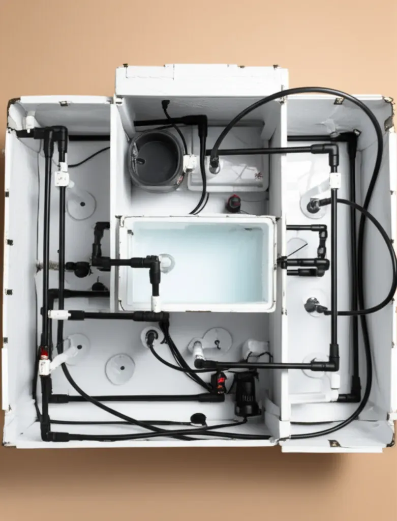 Overhead view of a complete aquaponics system layout with fish tank, grow beds, filtration, and plumbing for tilapia farming