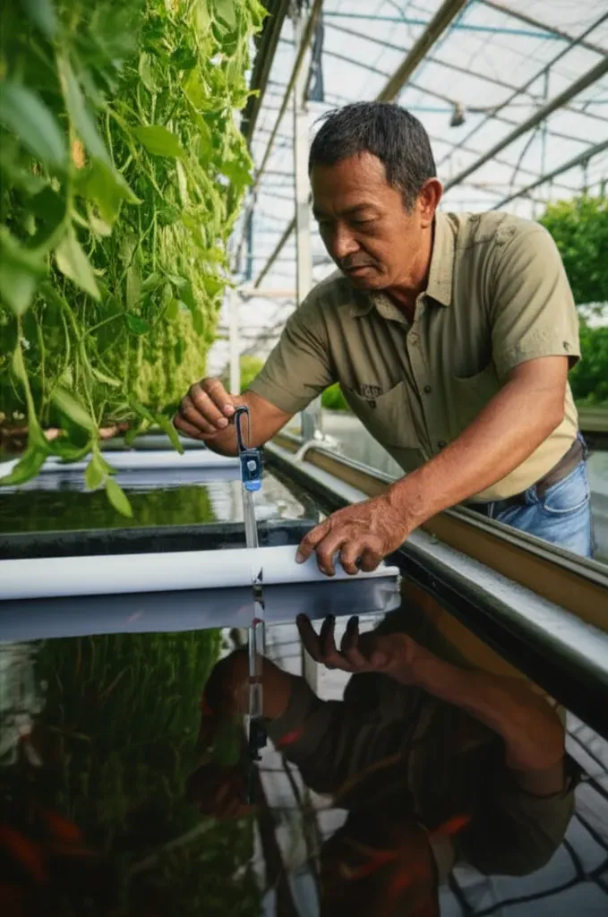 Person checking water pH and monitoring fish health in aquaponics system while inspecting vegetable plant growth during daily