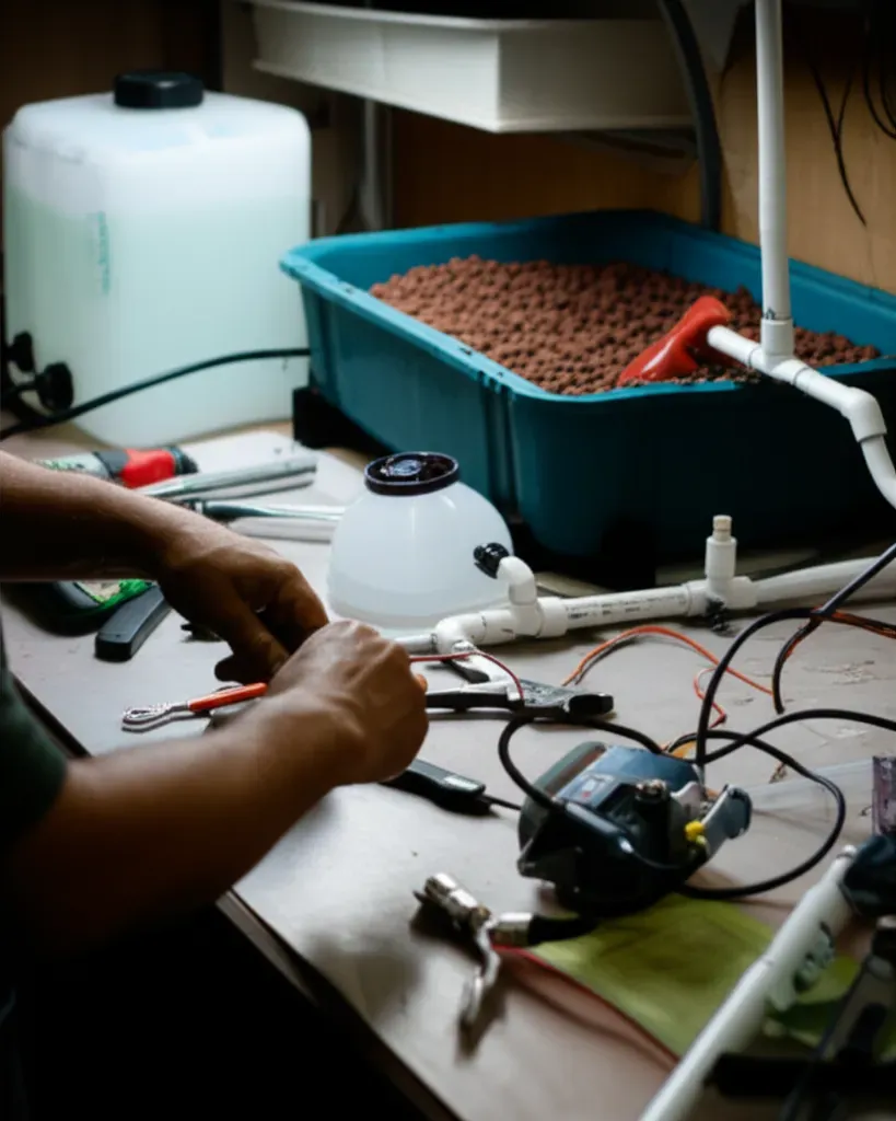 Person assembling aquaponics or hydroponics system with tanks, tubing, pumps and equipment during setup installation