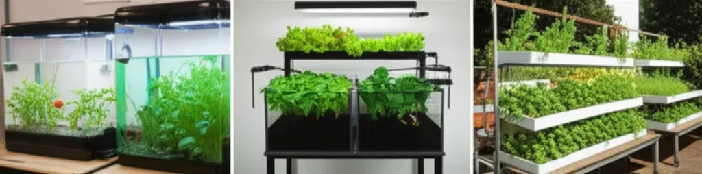Three aquaponics system sizes for schools displayed side-by-side: small desktop unit, medium classroom system, and large outd