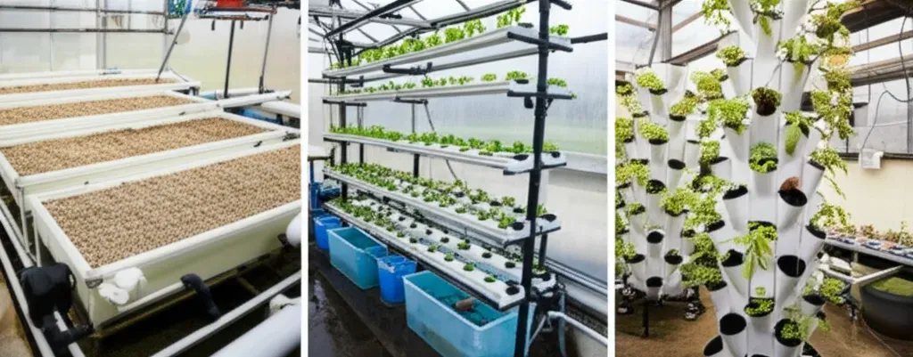 Three aquaponics system designs compared: compact media bed, NFT channel, and vertical tower setups for planning your perfect