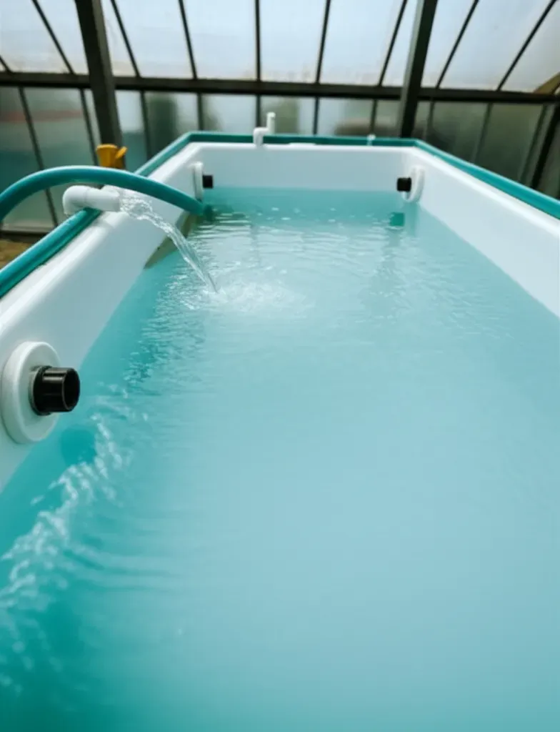 Empty aquaponics fish tank being filled with water during initial setup phase before system cycling